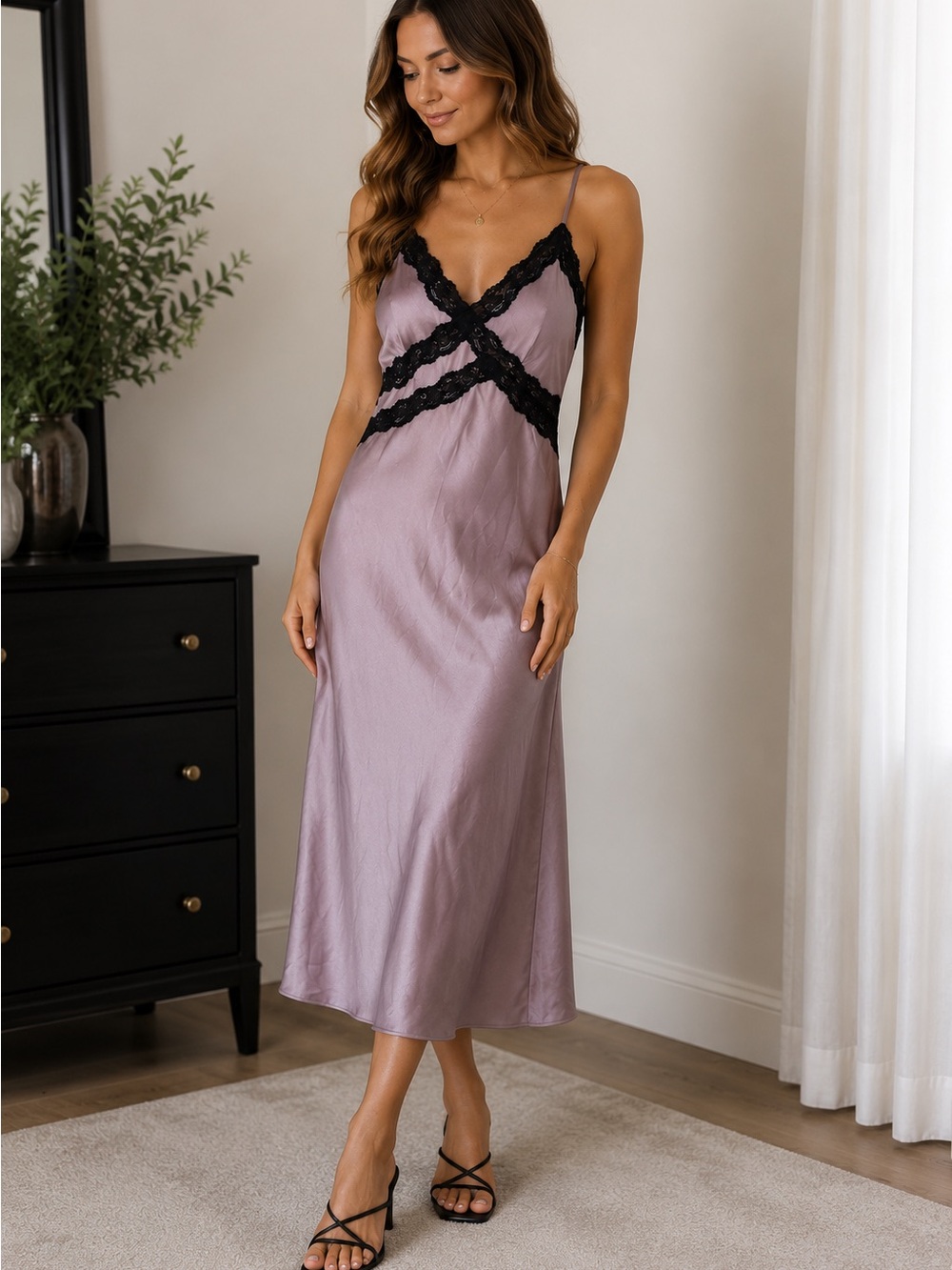 Leith Lilac Slip Dress with Black Lace Trim